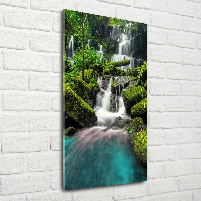Modernes Acrylbild vertikal Wasserfall im Dschungel