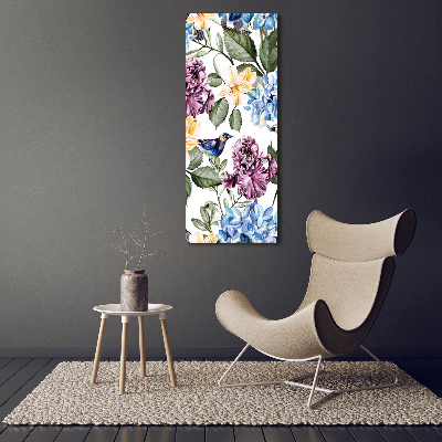 Wandbild vertikales Blumen und Vögel