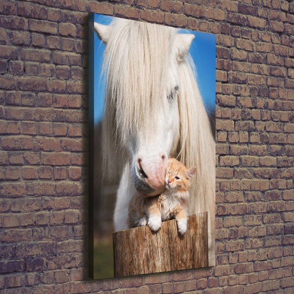 Foto auf leinwand vertikales Weißes Pferd mit einer Katze