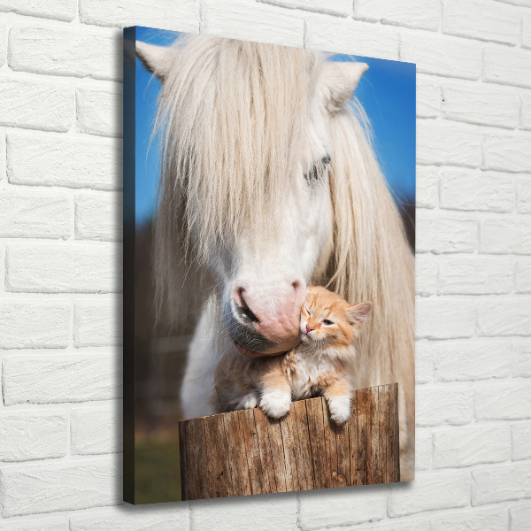 Foto auf leinwand vertikales Weißes Pferd mit einer Katze