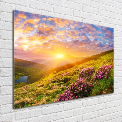 Foto glasbild Sonnenuntergang in den Bergen