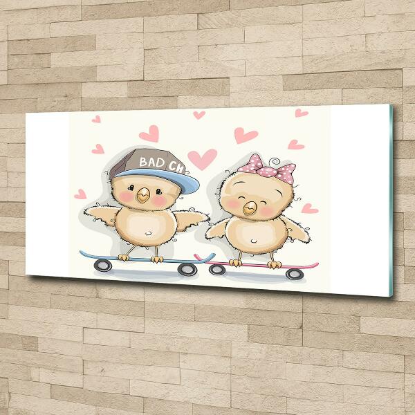 Foto glasbild Vögel auf einem Skateboard