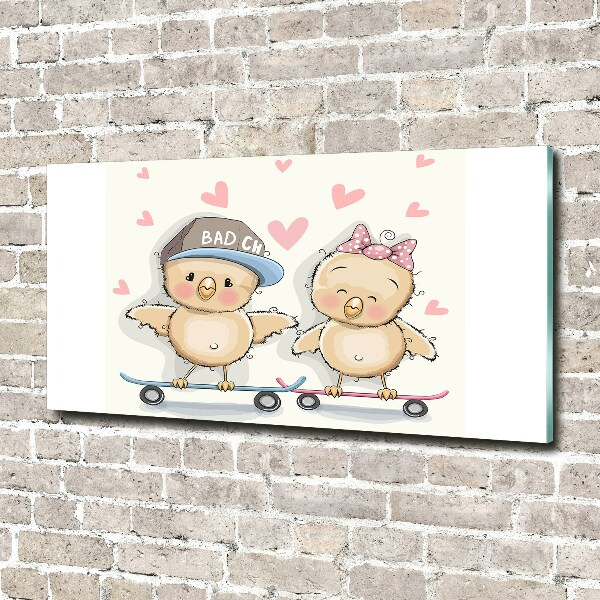 Foto glasbild Vögel auf einem Skateboard