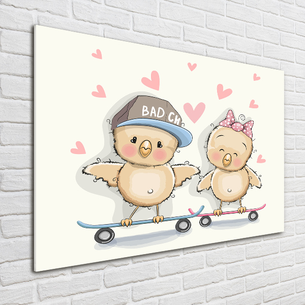 Foto glasbild Vögel auf einem Skateboard