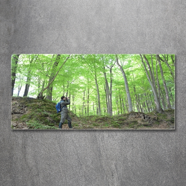 Foto glasbild Ornithologe im Wald
