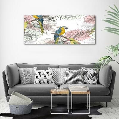 Foto glasbild Papageien und Blumen