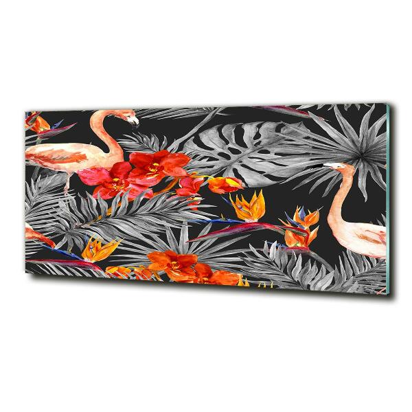 Glasbild Flamingos und Blumen
