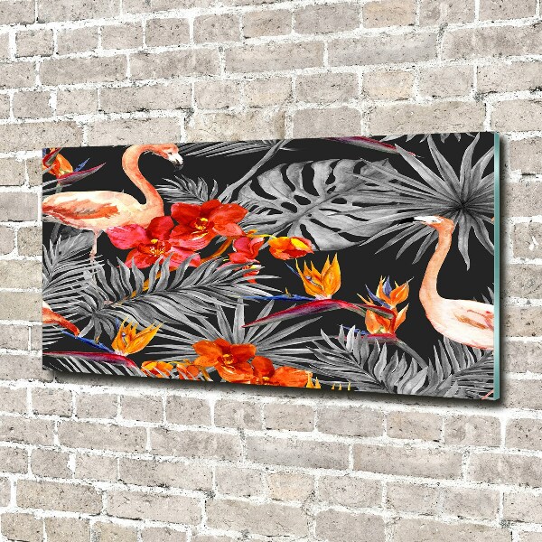 Glasbild Flamingos und Blumen