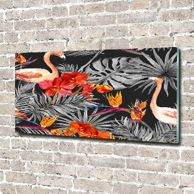 Glasbild Flamingos und Blumen
