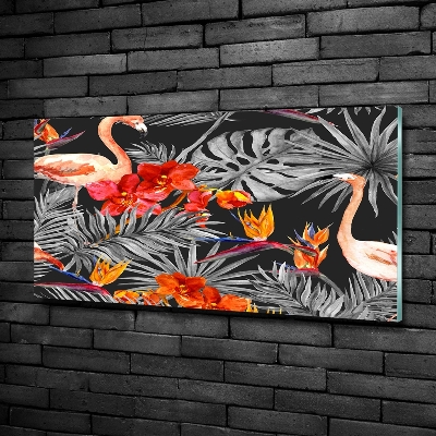 Glasbild Flamingos und Blumen