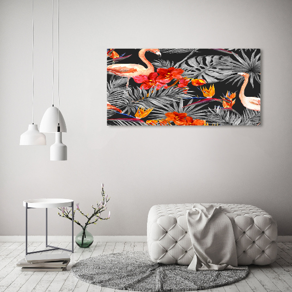 Glasbild Flamingos und Blumen