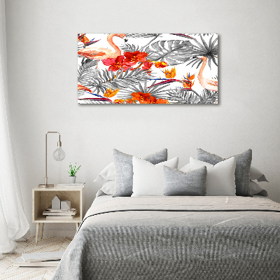 Foto glasbild Flamingos und Blumen