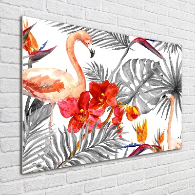Foto glasbild Flamingos und Blumen