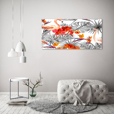 Foto glasbild Flamingos und Blumen