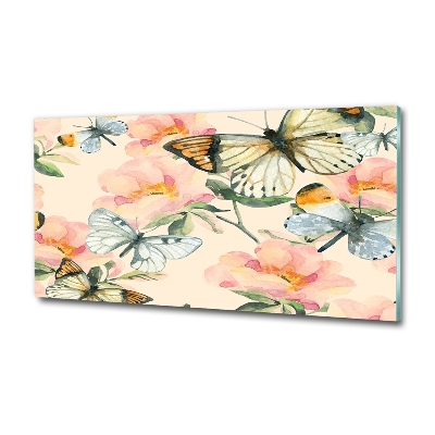 Foto glasbild Schmetterlinge und Blumen