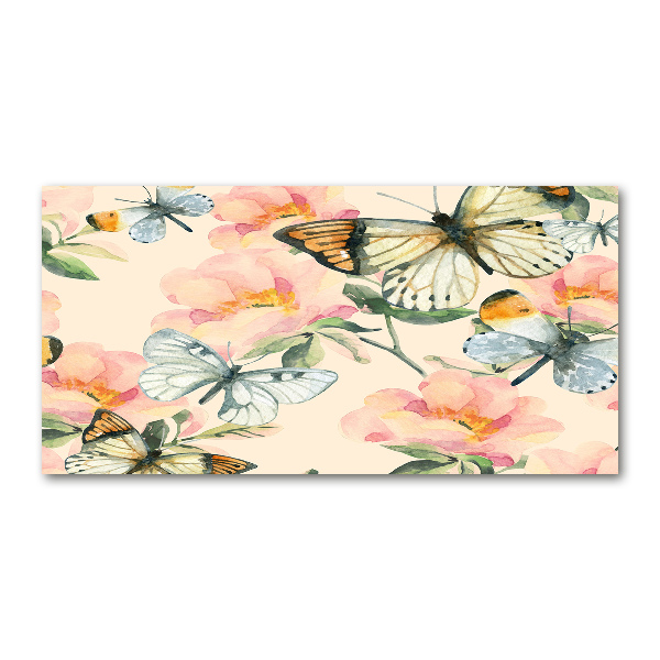 Foto glasbild Schmetterlinge und Blumen