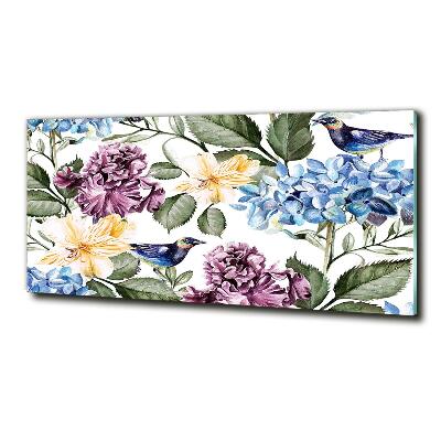 Foto glasbild Blumen und Vögel