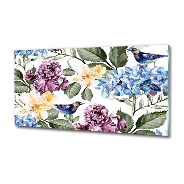 Foto glasbild Blumen und Vögel