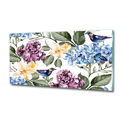 Foto glasbild Blumen und Vögel