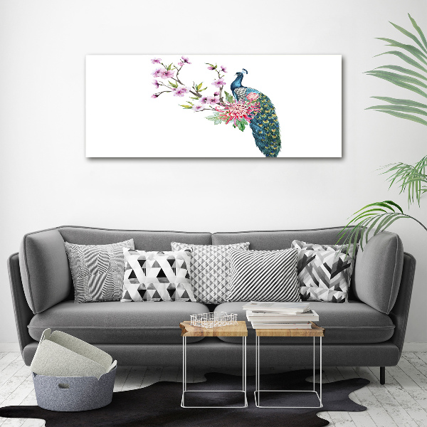 Foto glasbild Pfau und Blumen