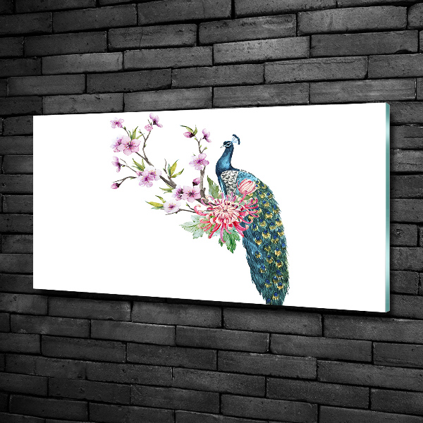 Foto glasbild Pfau und Blumen