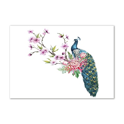 Foto glasbild Pfau und Blumen