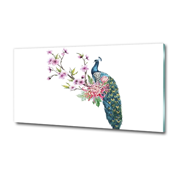 Foto glasbild Pfau und Blumen