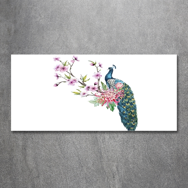 Foto glasbild Pfau und Blumen