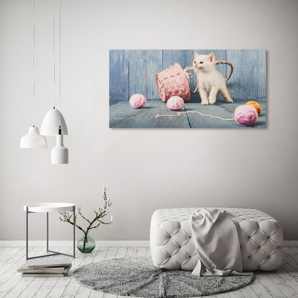 Foto glasbild Weiße Katze und Stränge