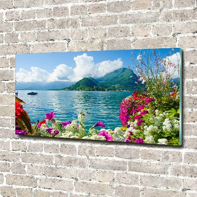 Bild auf glas Blumen am See