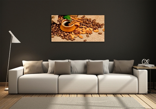 Glasbild Kaffeebohnen und eine Tasse