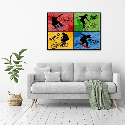 Glasbild Fahrrad und Skateboard