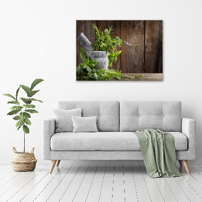 Foto glasbild Kräuter im Mörser