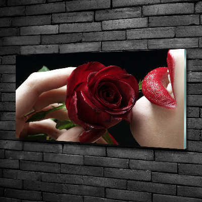 Glasbild Frau mit einer Rose