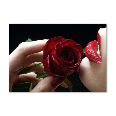 Glasbild Frau mit einer Rose