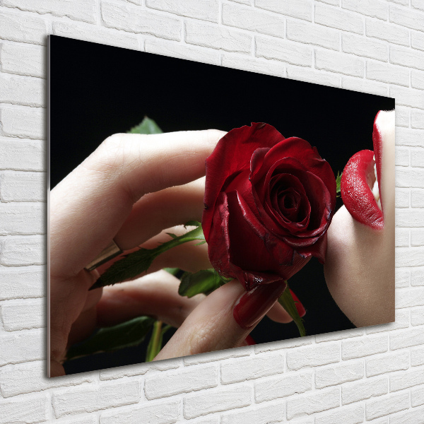 Glasbild Frau mit einer Rose