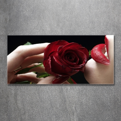 Glasbild Frau mit einer Rose