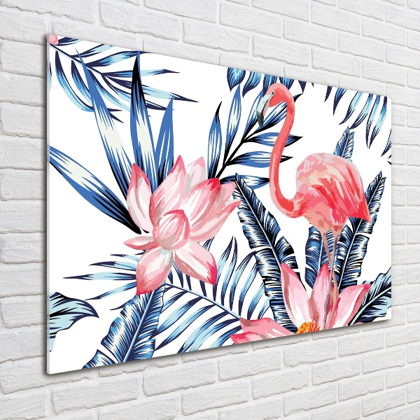 Foto glasbild Flamingos und Pflanzen