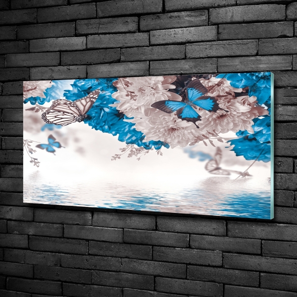 Glasbild Blumen und Schmetterlinge