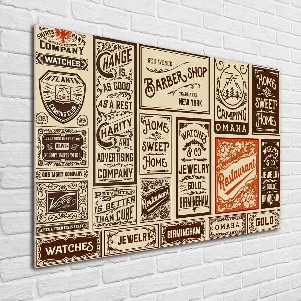 Glasbild Werbung und Etiketten