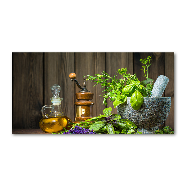 Glasbild Kräuter im Mörser