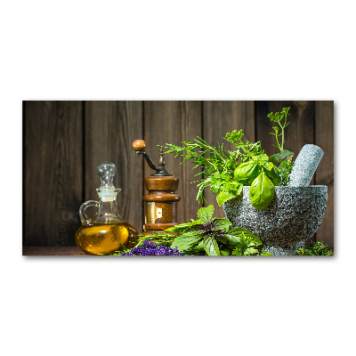 Glasbild Kräuter im Mörser