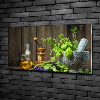 Glasbild Kräuter im Mörser