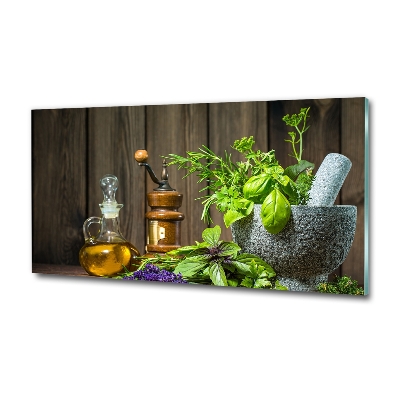 Glasbild Kräuter im Mörser