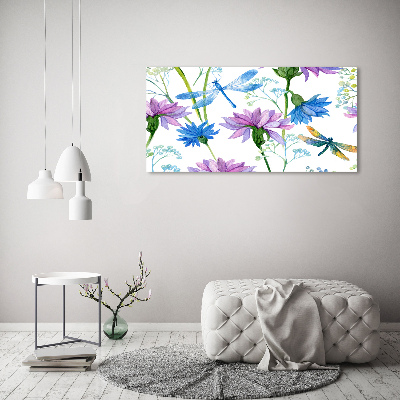 Foto glasbild Blumen und Libellen