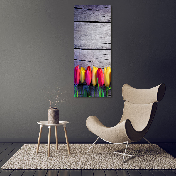 Glasbild vertikales Bunte Tulpen