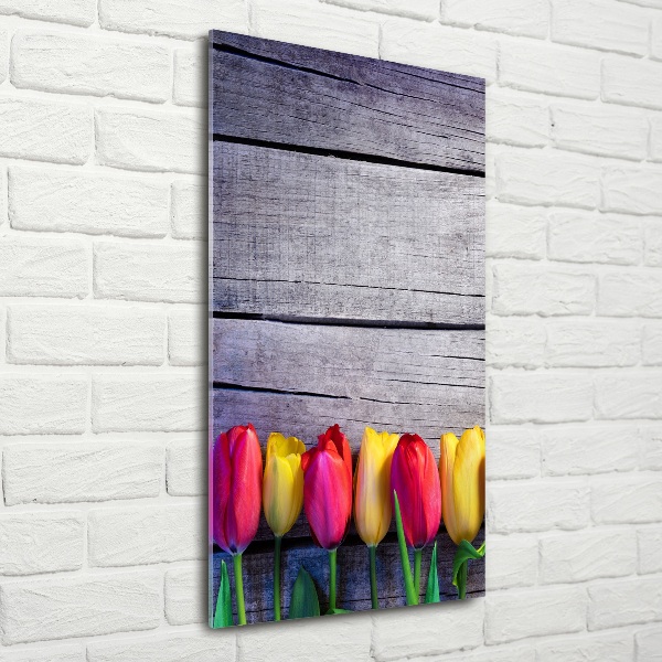 Glasbild vertikales Bunte Tulpen