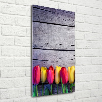 Glasbild vertikales Bunte Tulpen