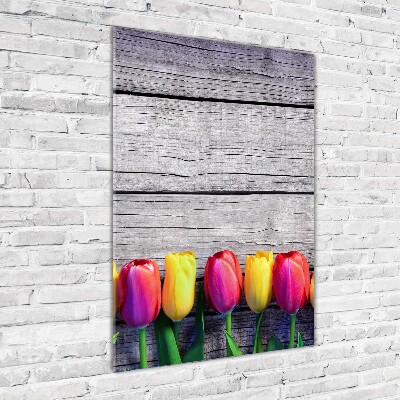 Glasbild vertikales Bunte Tulpen