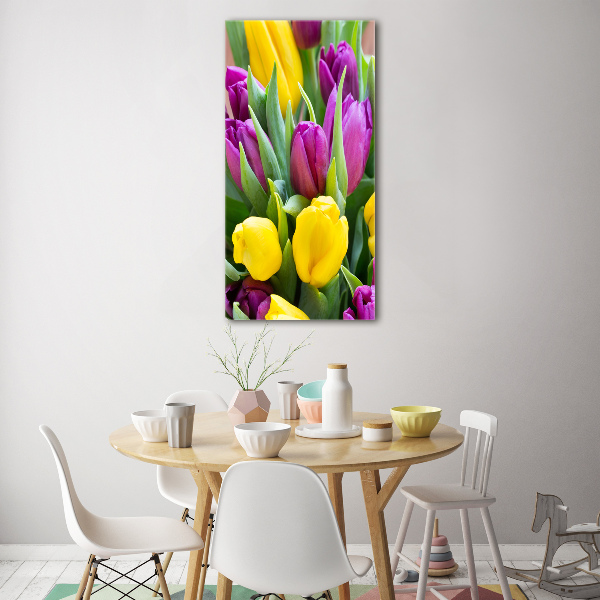 Glasbild vertikales Bunte Tulpen